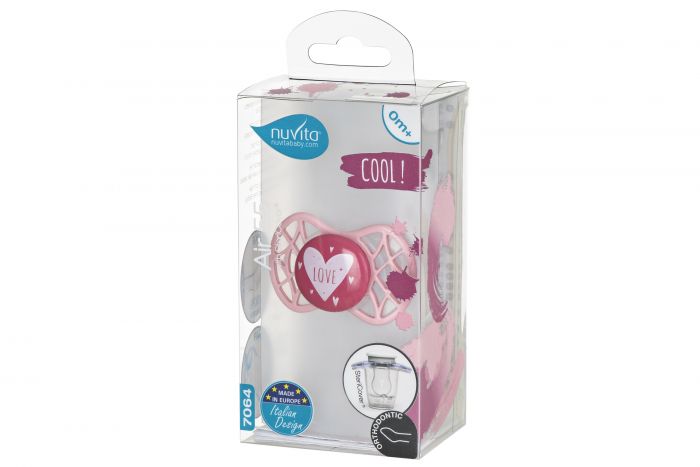Пустушка Nuvita Air55 Cool 0міс+, ортодонтична, з ковпачком, LOVE рожевий