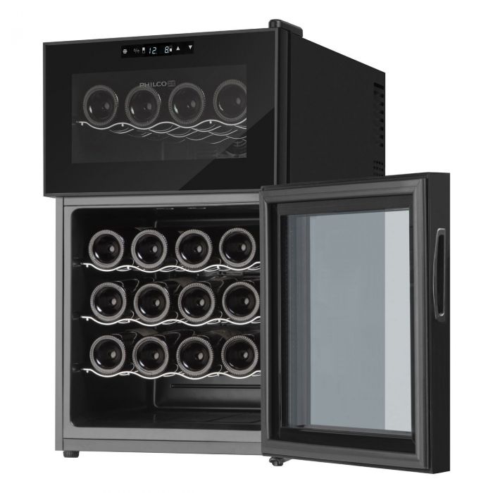Холодильник Philco для вина,  74х43х52, холод.відд.-70л, зон - 2, бут-24, диспл, підсвітка, металеві полиці, чорний