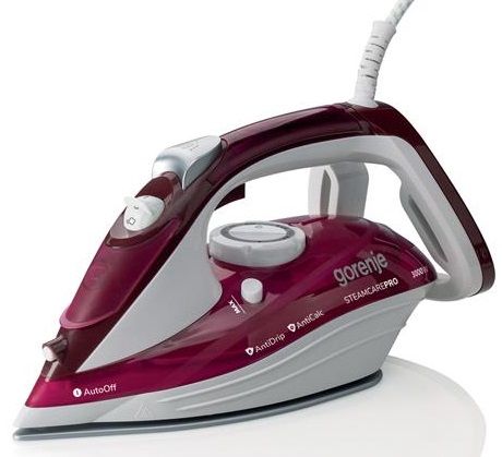 Праска Gorenje, 3000Вт, 350мл, паровий удар-105гр, верт. відпарювання, антинакип, автовідключення, керам. підошва, бардово-білий Праска Gorenje, 3000Вт, 350мл, паровий удар-105гр, верт. відпарювання, антинакип, автовідключення, керам. підошва, бардово-білий