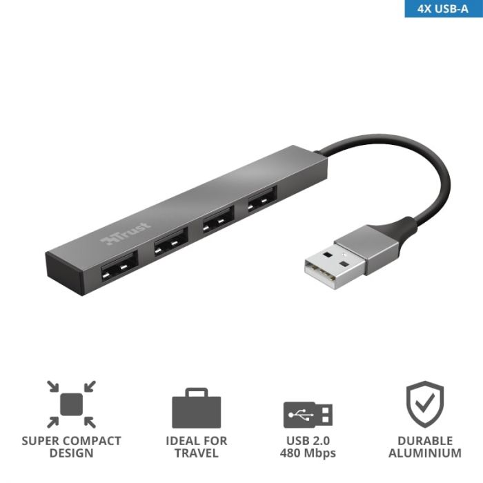 Хаб Trust Halyx USB-A > 4xUSB-А, Алюміній, 0.1м, Сірий