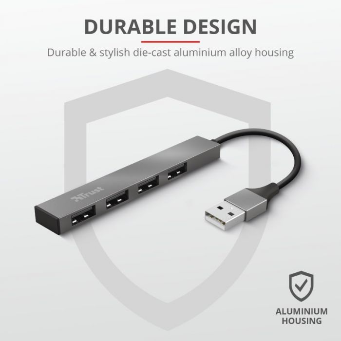 Хаб Trust Halyx USB-A > 4xUSB-А, Алюміній, 0.1м, Сірий