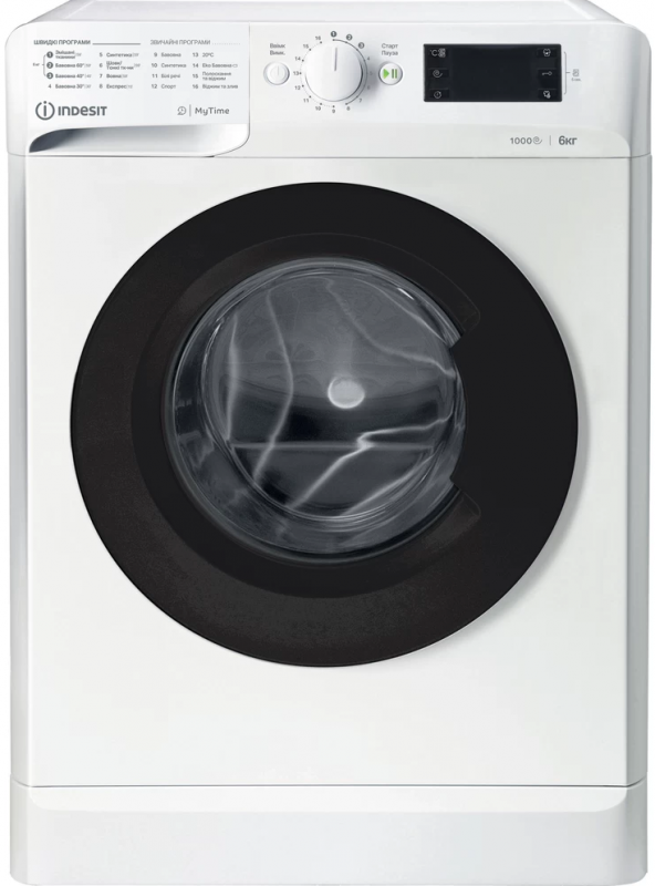 Пральна машина Indesit фронтальна, 6кг, 1000, A+++, 43см, дисплей, люк чорний, білий