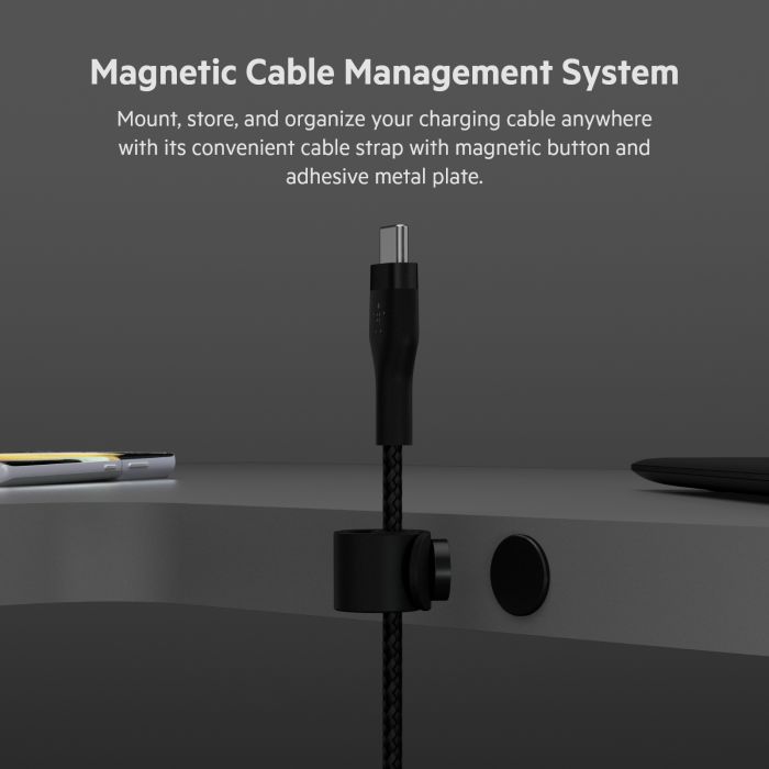 Кабель USB-C > USB-C заряджання/синхронізації Belkin 1м, 60Вт, Type-C, плетений, силіконовий, з ремінцем на магніті, чорний