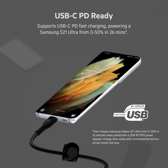 Кабель USB-C > USB-C заряджання/синхронізації Belkin 1м, 60Вт, Type-C, плетений, силіконовий, з ремінцем на магніті, чорний