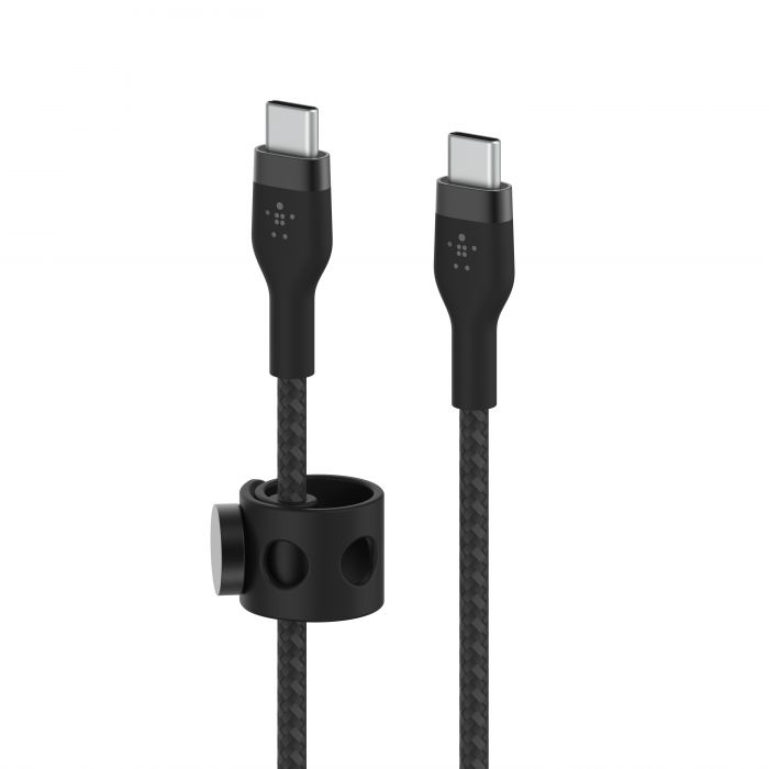 Кабель USB-C > USB-C заряджання/синхронізації Belkin 1м, 60Вт, Type-C, плетений, силіконовий, з ремінцем на магніті, чорний