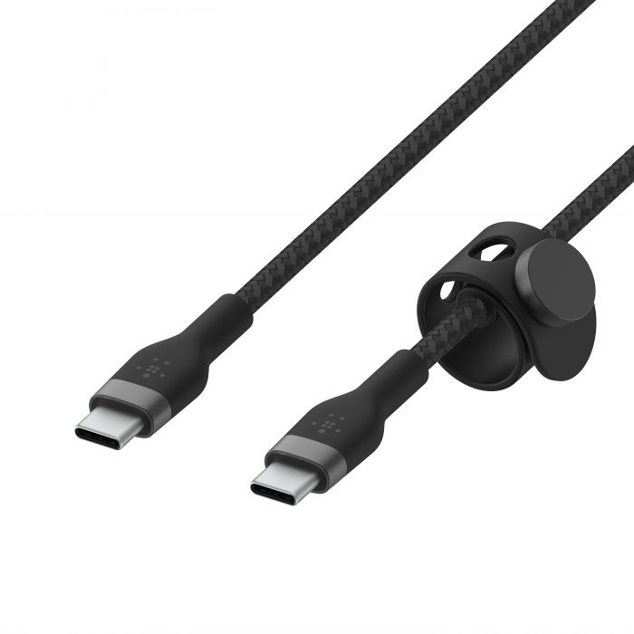 Кабель USB-C > USB-C заряджання/синхронізації Belkin 1м, 60Вт, Type-C, плетений, силіконовий, з ремінцем на магніті, чорний