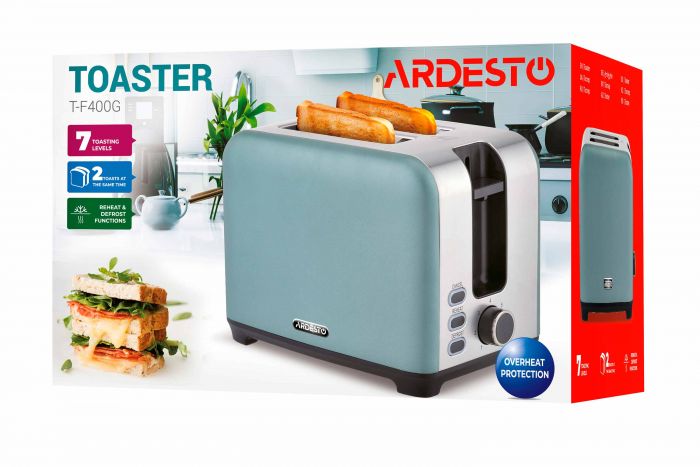 Тостер ARDESTO Mint Harmony 800Вт, метал, м'ятно-сріблястий