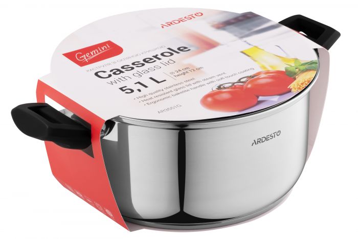 Каструля зі скляною кришкою Ardesto Gemini Piemonte, 5.1л, нержавіюча сталь, бакеліт Каструля зі скляною кришкою Ardesto Gemini Piemonte, 5.1л, нержавіюча сталь, бакеліт