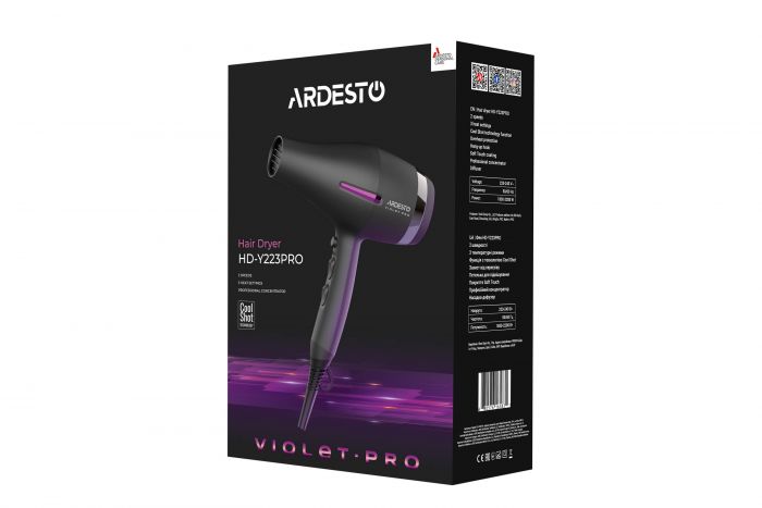 Фен Ardesto Violet PRO HD-Y223PRO, 1850-2200Вт, 2 швидкості , 3темп.режими, дифузор, чорний