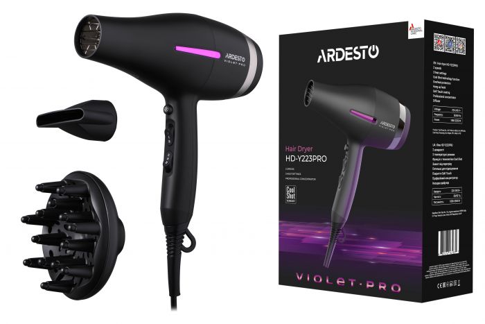 Фен Ardesto Violet PRO HD-Y223PRO, 1850-2200Вт, 2 швидкості , 3темп.режими, дифузор, чорний