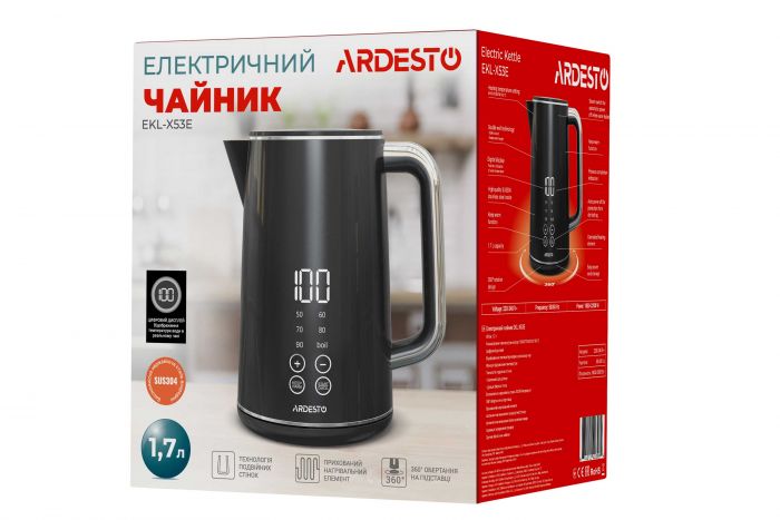Електрочайник Ardesto Elegance, 1.7л, LED дисплей, подвійні стінки, Otter, чорний глянець
