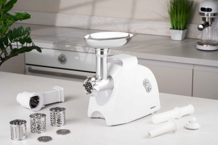М'ясорубка Ardesto, 1900Вт, 1.8кг/хв, 3 решітки, насадка для ковбас, кеббе, 4 терки, пластик, білий