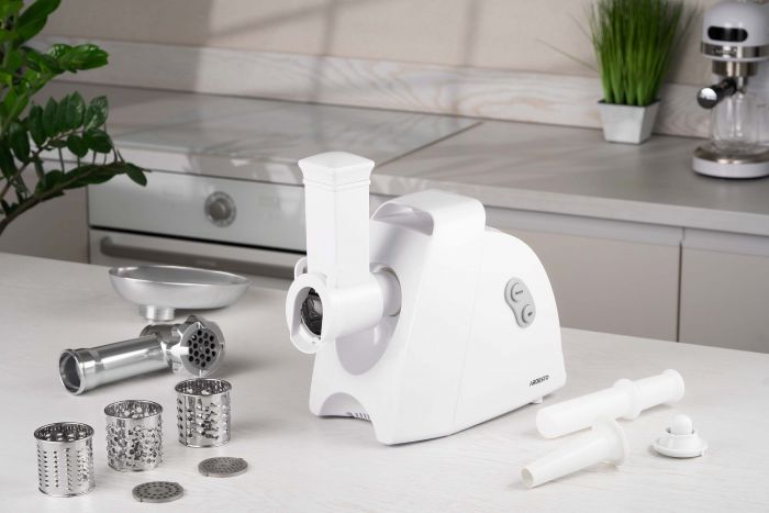 М'ясорубка Ardesto, 1900Вт, 1.8кг/хв, 3 решітки, насадка для ковбас, кеббе, 4 терки, пластик, білий