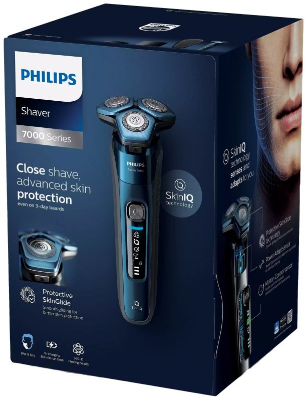 Бритва електр. Philips роторна Series 7000, 9Вт,  бритв.головок-3, Li-Ion, сух.+волог., тример, чохол, Bt., сіро-синій