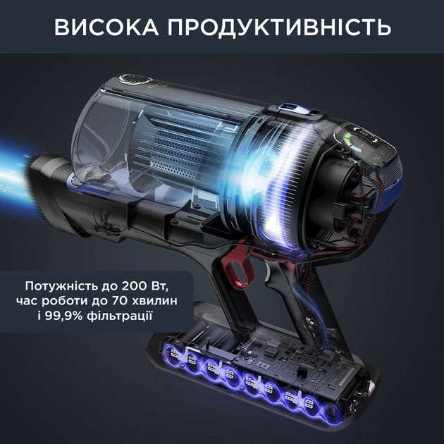 Пилосос Rowenta безпровідний Xforce Flex 14.60 Aqua, 200Вт, вологе прибирання, конт пил -0.9л, автон. робота до 70хв, НЕРА, чорно-синій