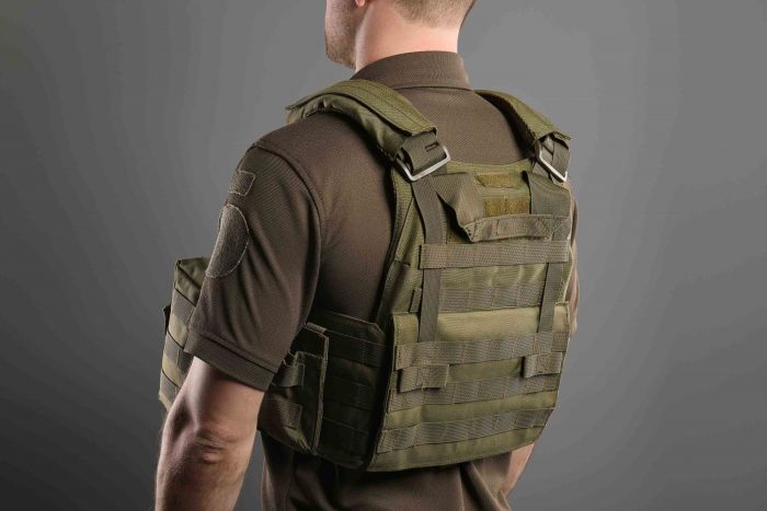 Плитоноска 2Е, Тип 1, з кишенями для бічного захисту і підсумками, Молле, зелена Плитоноска 2Е, Тип 1, з кишенями для бічного захисту і підсумками, Молле, зелена