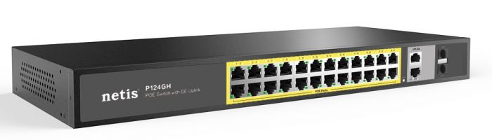 Комутатор Netis P124GH 24xFE PoE, 4xGE (2xUplink, 2xSFP), 360Вт, Некерований