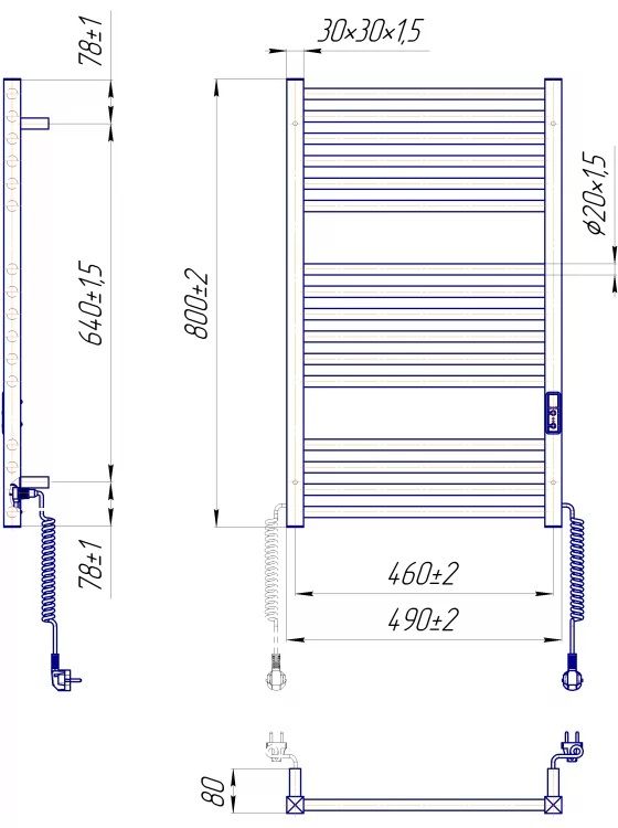 Рушникосушка Mario електрична Гера-І, 800x500x80мм, таймер-регулятор, нерж.сталь, хром