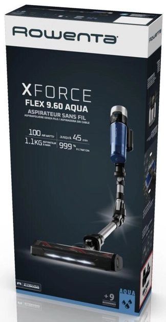 Пилосос Rowenta безпровідний X-Force 9.6 Aqua Allergy, 250Вт, вологе прибирання, конт пил -0.44л, автон. робота до 45хв, срібно-синій