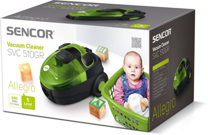 Пилосос Sencor контейнерний Allegro, 890Вт, конт пил -1.5л, НЕРА, чорно-зелений