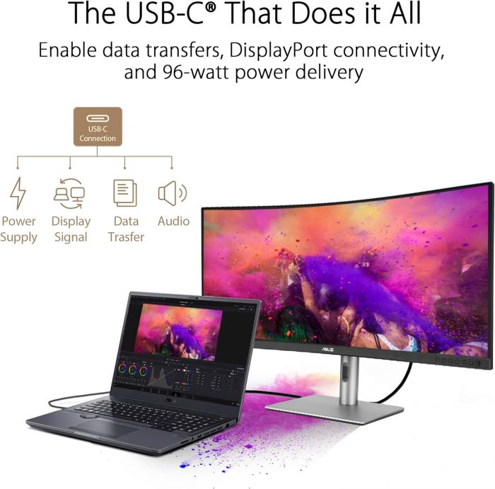 Монітор Asus 34.1" ProArt PA34VCNV 2xHDMI, 2xDP, USB-C, 2xUSB, RJ-45, MM, IPS, 3440x1440, 21:9, sRGB 100%, CURVED, AdaptiveSync, HAS, HDR10