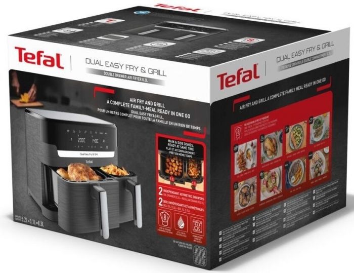 Мультипіч Tefal Dual EasyFry&Grill AirFryer, 2700Вт, чаша-5.2+3.1л, сенсорне керув., 2 чаши, гриль, пластик, чорний