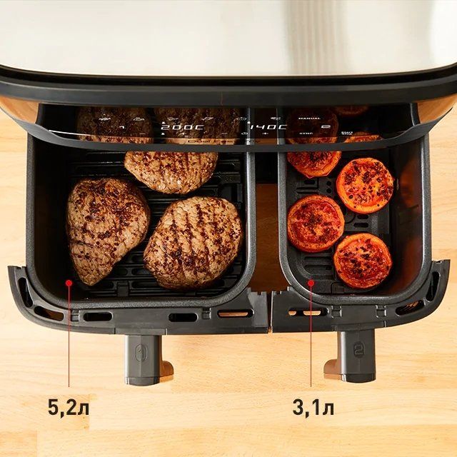 Мультипіч Tefal Dual EasyFry&Grill AirFryer, 2700Вт, чаша-5.2+3.1л, сенсорне керув., 2 чаши, гриль, пластик, чорний