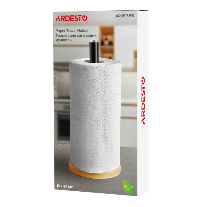 Тримач для паперових рушників ARDESTO Midori 15х34см, метал, бамбук, чорний