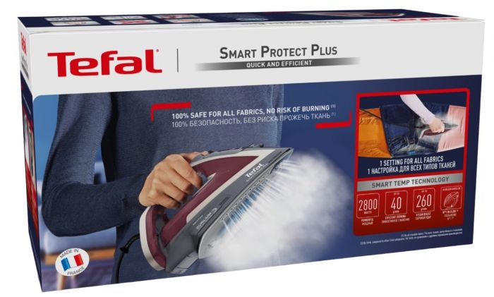 Праска Tefal Smart Protect Plus, 2800Вт, 270мл, паровий удар -260гр, постійна пара - 40гр, керам. підошва, сіро-бордовий