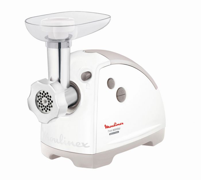 М'ясорубка Moulinex, 2000Вт, 2.6кг/хв, 3 решітки, насадка для ковбас, кеббе, 5 терок, пластик, біло-сірий М'ясорубка Moulinex, 2000Вт, 2.6кг/хв, 3 решітки, насадка для ковбас, кеббе, 5 терок, пластик, біло-сірий
