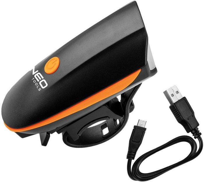 Ліхтар велосипедний Neo Tools фронтальний, 250 люмен, 3Вт, USB, 1200мА·год, 3 функцій освітлення, IPX4