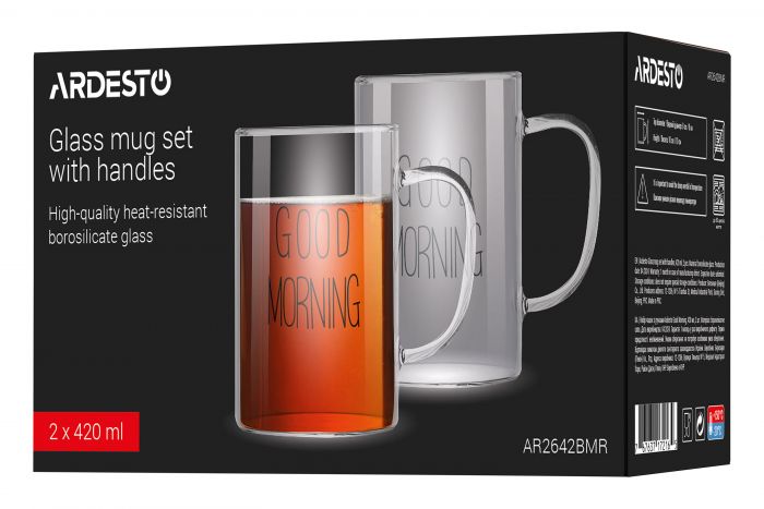 Набір чашок з ручками ARDESTO Good Morning, 420мл, 2шт, боросилікатне скло, прозорий