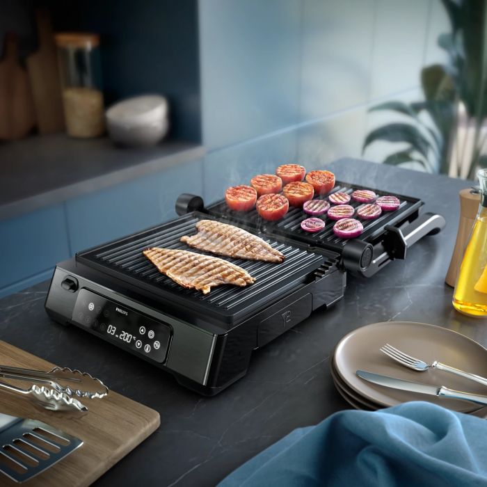 Гриль Philips прижимний Series 7000, 2200Вт, з`ємні пластини,термощуп, розкриття на 180°, метал, чорний