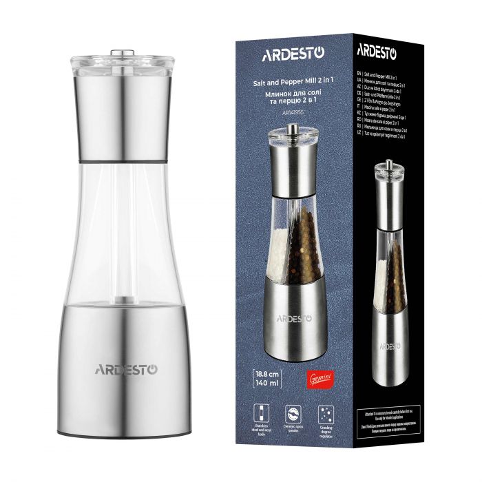 Млинок для солі та перцю 2 в 1 ARDESTO Gemini, 140мл, акрил, нержавіюча сталь, прозорий
