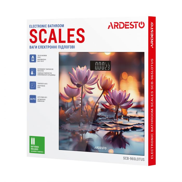 Ваги Ardesto підлогові LOTUS, 150кг, AAAx2 в комплекті, скло, багатокольорові