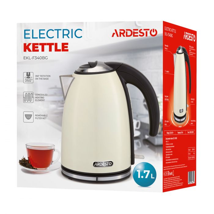 Електрочайник ARDESTO 1.7л, Strix, метал, бежевий глянець