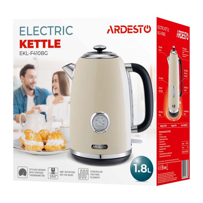 Електрочайник Ardesto Vintage Dream 1.8л, Strix, метал, бежевий глянцевий