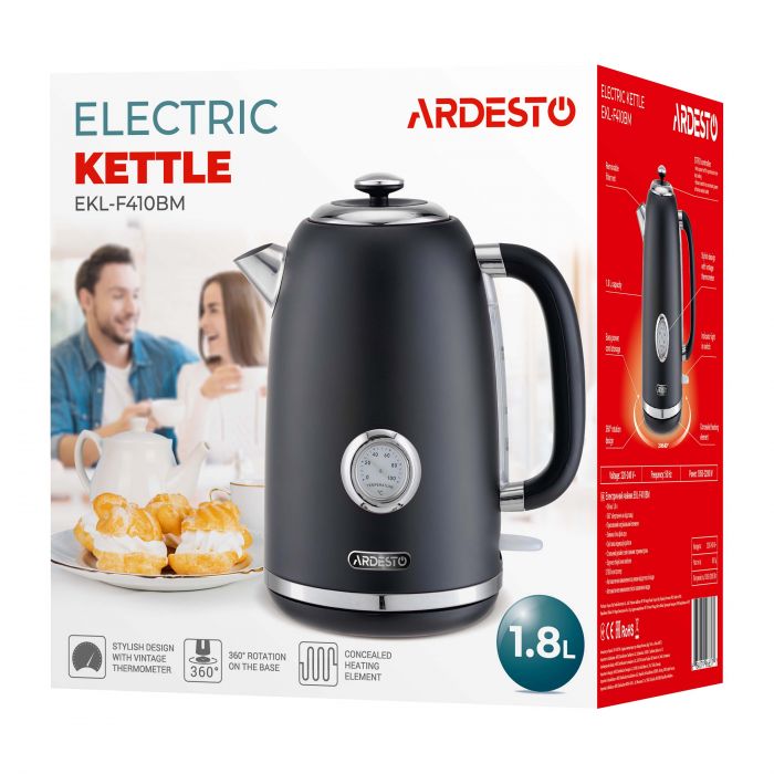 Електрочайник Ardesto Vintage Dream 1.8л, Strix, метал, чорний матовий