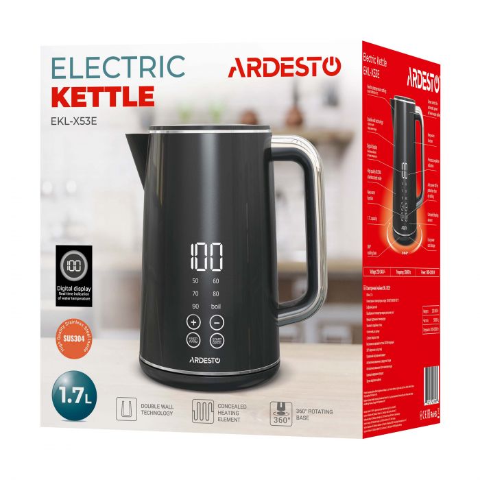 Електрочайник Ardesto Elegance, 1.7л, LED дисплей, подвійні стінки, Otter, чорний глянець