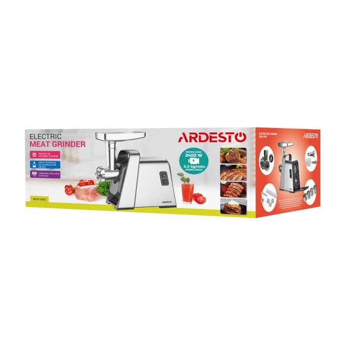 М'ясорубка ARDESTO, 2400Вт, 2.2кг/хв, 3 решітки, насадка для ковбас, кеббе, томатів, 4 терки, пластик, чорно-срібний