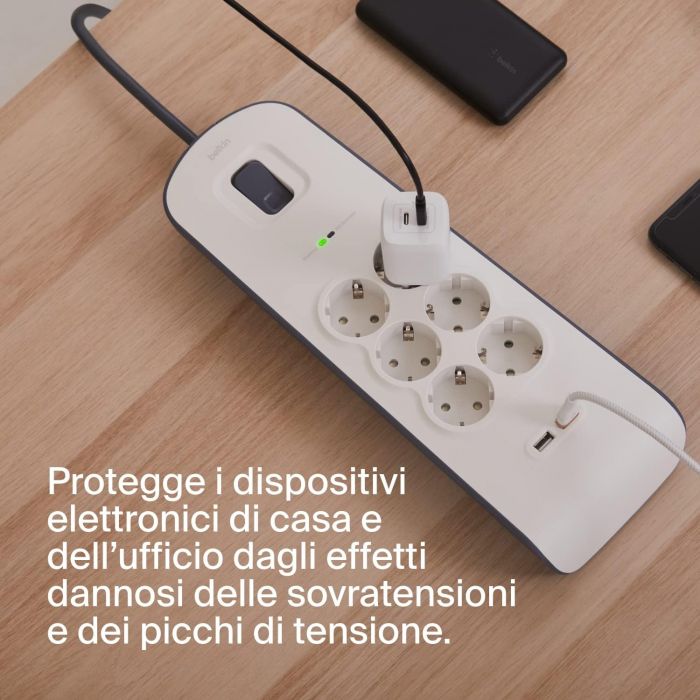 Подовжувач-фільтр мережевий Belkin 6хТип F, 3x1.5мм кв, 16А, 2xUSB-A 2.4A, з захистом від перенапруги, 2м, білий