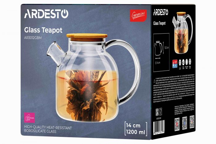 Заварник Ardesto Gemini 1200мл, боросилікатне скло, бамбук, прозорий