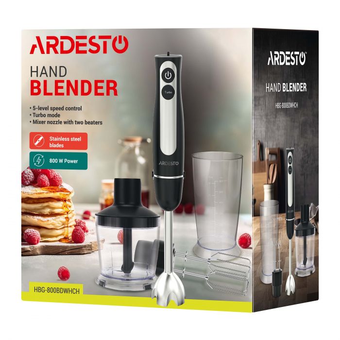 Блендер Ardesto заглибний 800Вт, 3в1, чаша-600мл, чопер-500мл, чорно-сріблястий