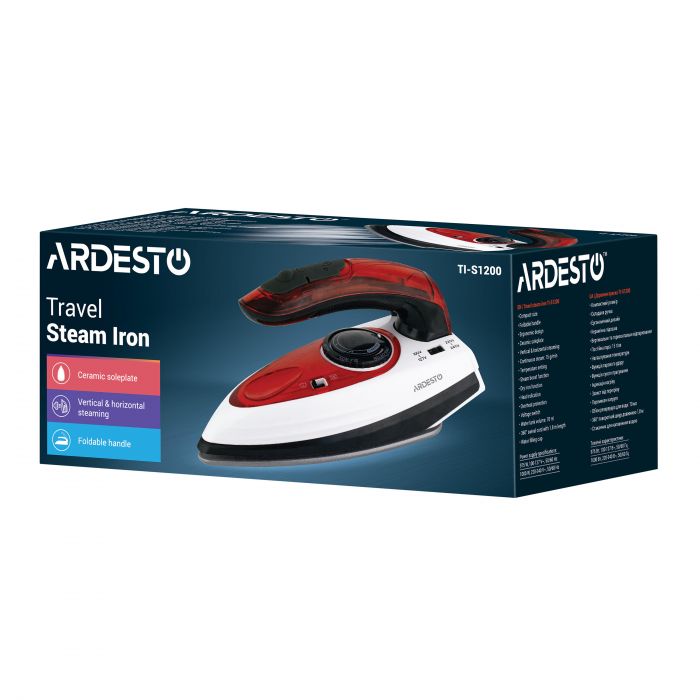 Праска ARDESTO дорожня TI-S1200, 1000Вт, 70мл, паровий удар, постійна пара - 15гр, керам. підошва, біло-червоний