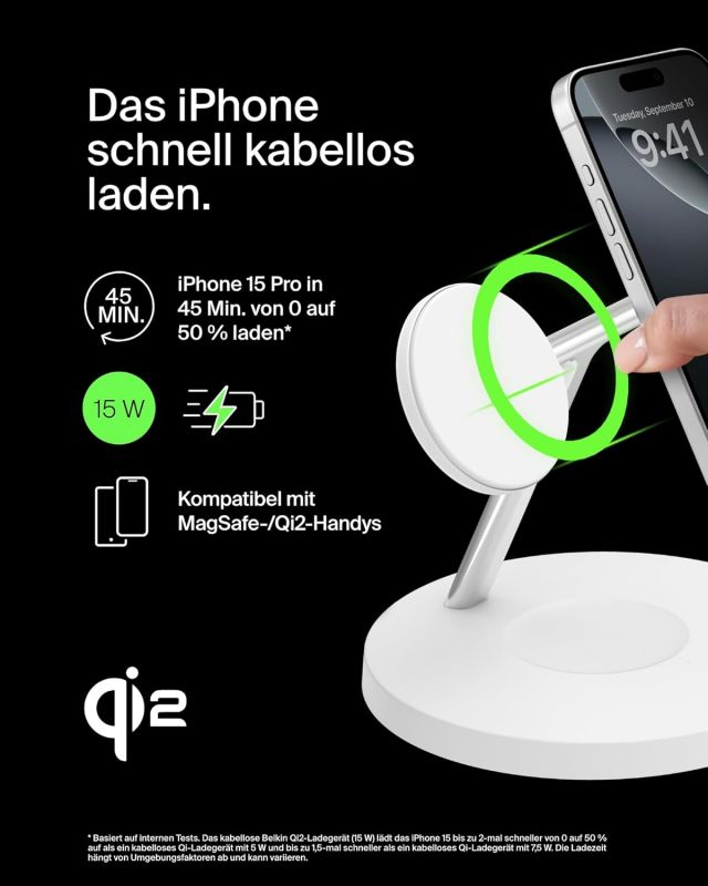 Зарядний пристрій бездротовий Belkin 3в1 Magnetic Pad Qi2 15Вт, білий