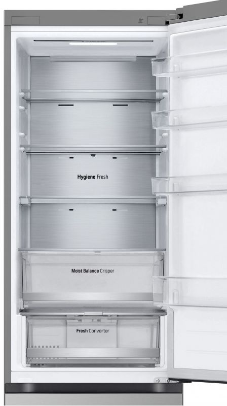 Холодильник LG з нижн. мороз., 203x60х68, холод.відд.-277л, мороз.відд.-110л, 2дв., А++, NF, інв., диспл зовн., Fresh Сonverter, Metal Fresh, сріблястий