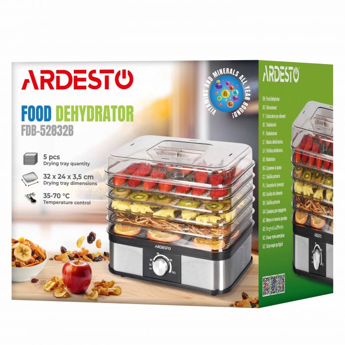 Сушарка для продуктів Ardesto 245Вт, піддонів - 5x3см, макс - 70°С, пластик, чорний+нерж