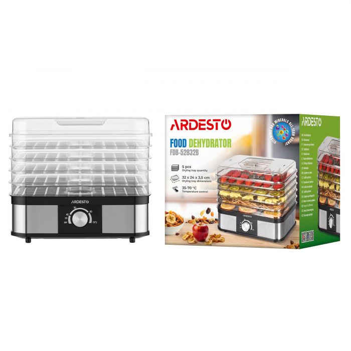 Сушарка для продуктів Ardesto 245Вт, піддонів - 5x3см, макс - 70°С, пластик, чорний+нерж
