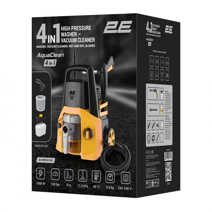 Мінімийка високого тиску 2E AquaClean 4в1 1600Вт 130бар 480л/год шланг 8м 11кг Мінімийка високого тиску 2E AquaClean 4в1 1600Вт 130бар 480л/год шланг 8м 11кг