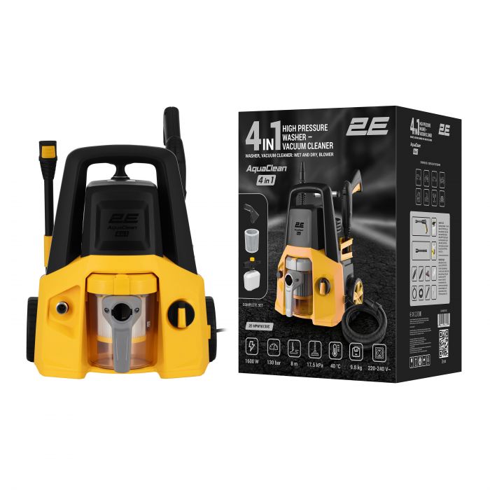 Мінімийка високого тиску 2E AquaClean 4в1 1600Вт 130бар 480л/год шланг 8м 11кг Мінімийка високого тиску 2E AquaClean 4в1 1600Вт 130бар 480л/год шланг 8м 11кг